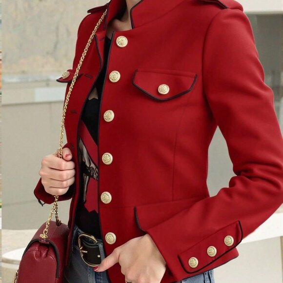 Red Casual Women's Contrast Color Long Sleeve Jacket